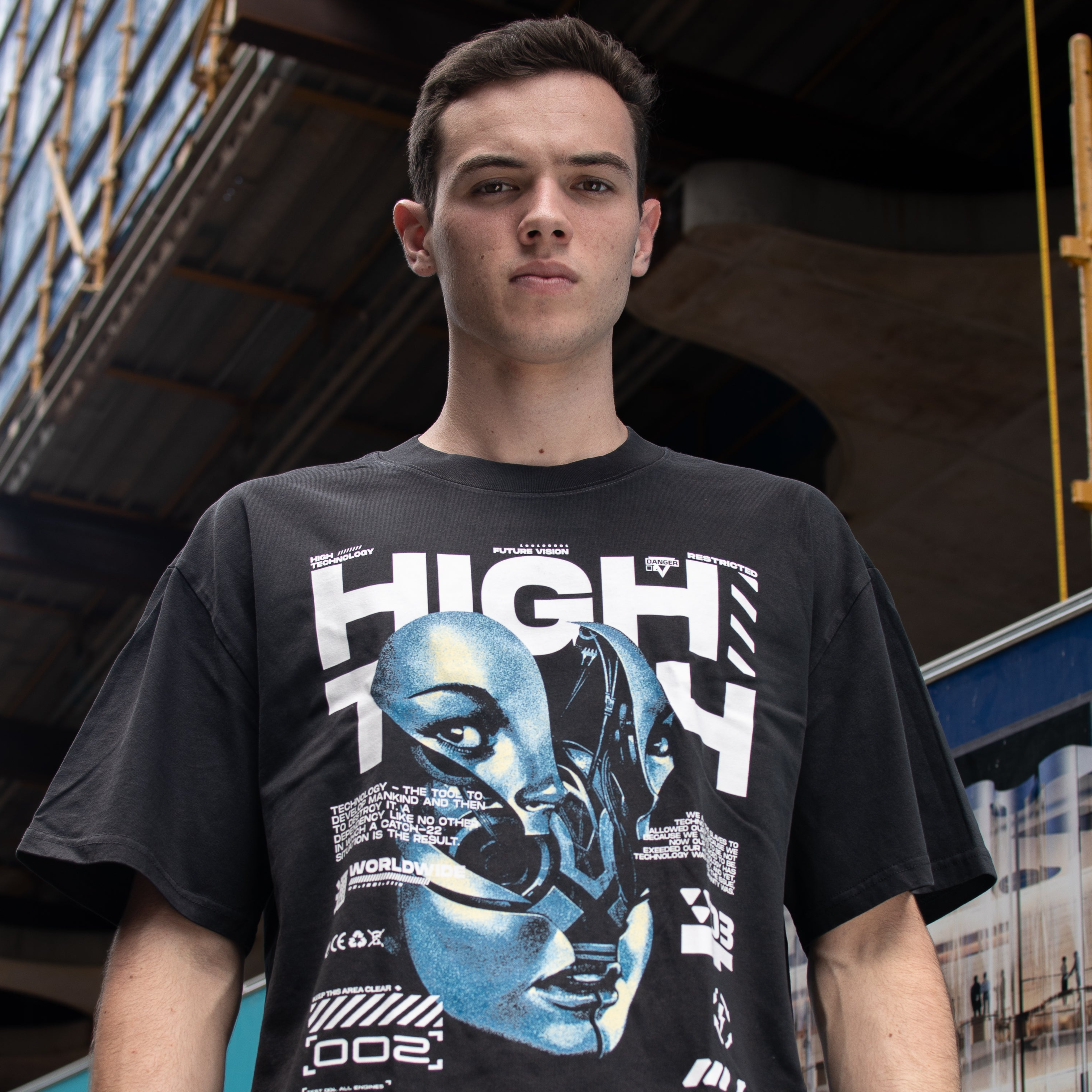 Model displaying oversized streetwear t-shirt