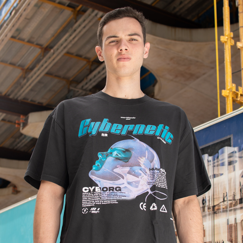 Model displaying tech streetwear t-shirt