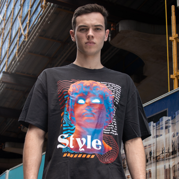 Model displaying streetwear art t-shirt