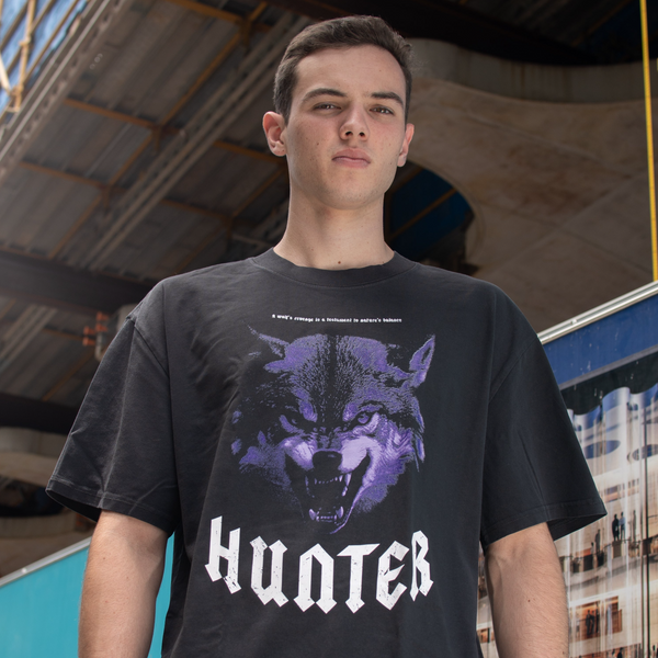 Model displaying streetwear wolf t-shirt