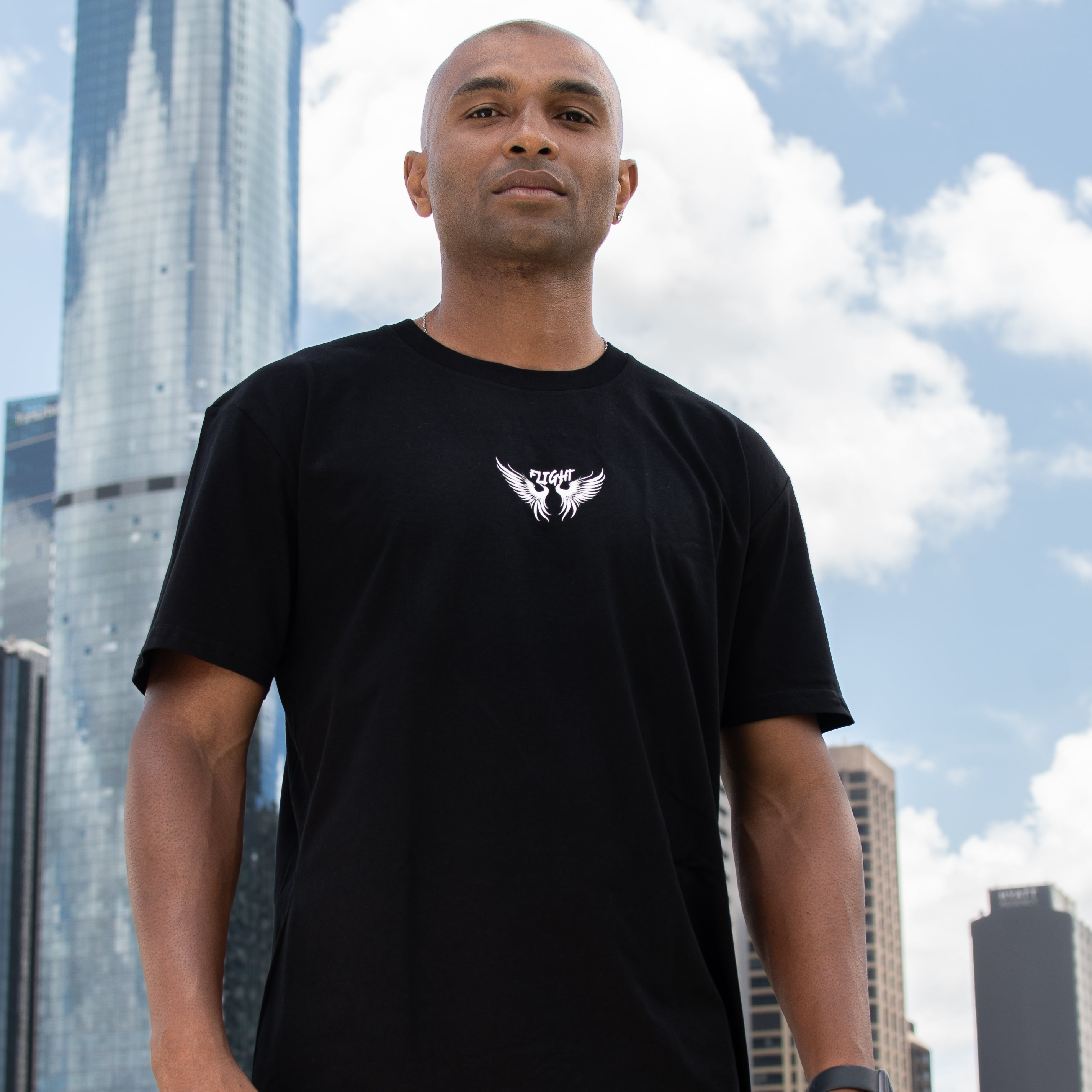 Model displaying simple t-shirt