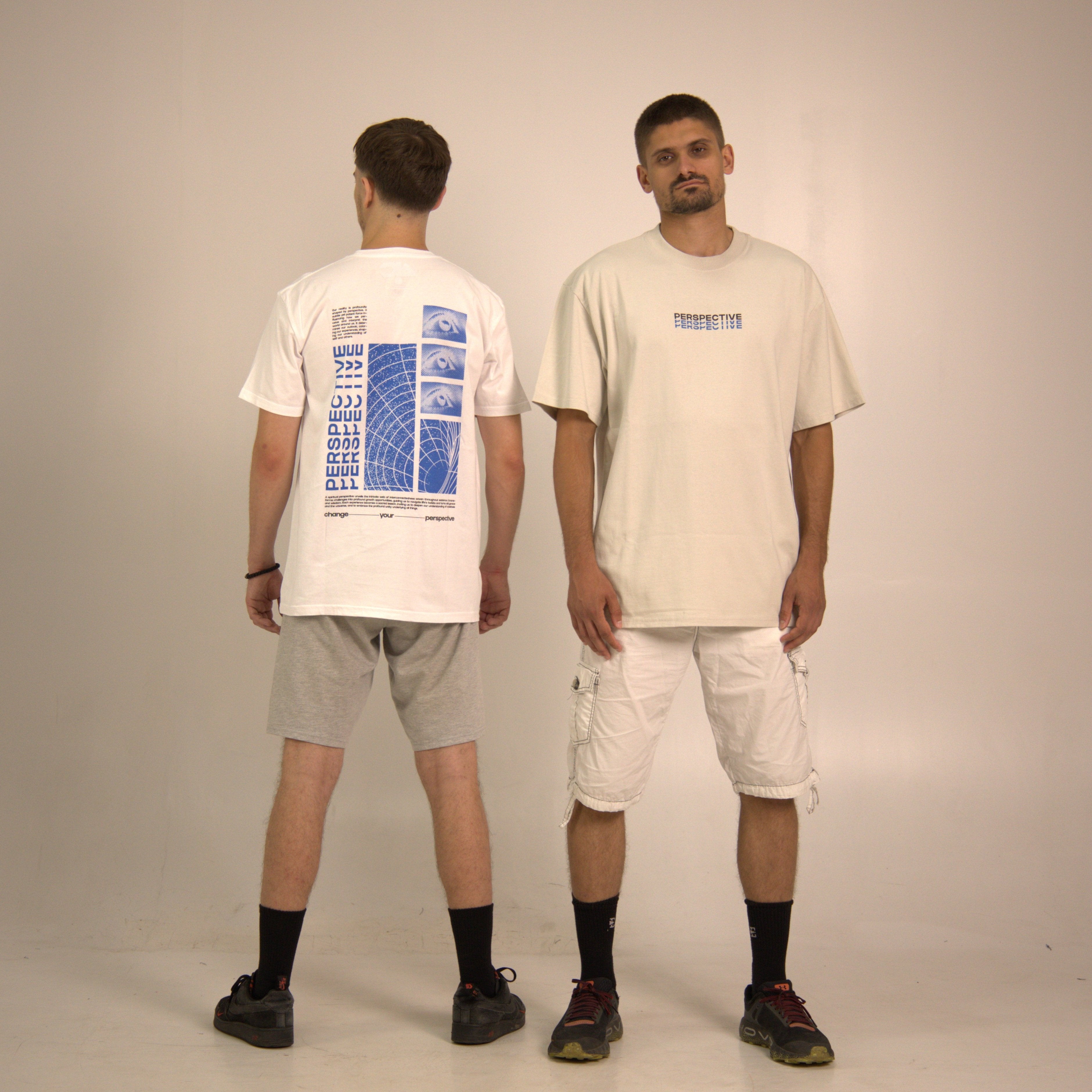 Models showcasing back and front of Perspective tee