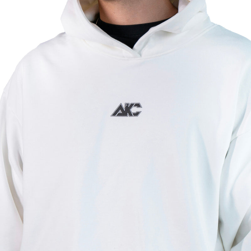 AKC Core White Oversized Fleece Pullover Worn by Model - Front Close-Up Shot