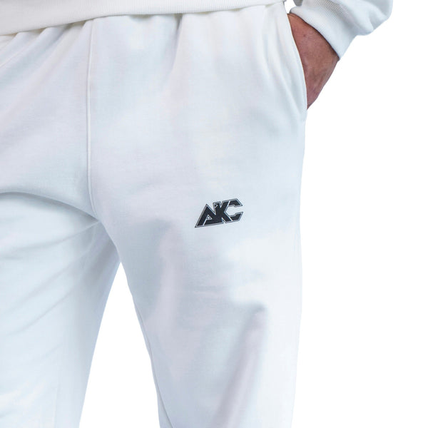 AKC Core White Fleece Straight-Leg Pants Worn by Model - Right Front Close-Up Shot