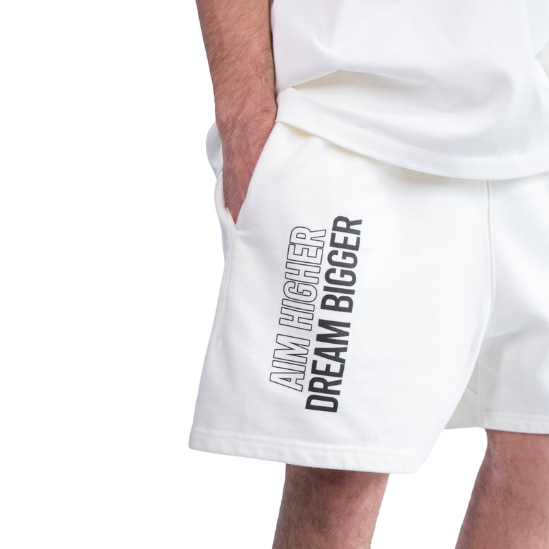 AKC Core White Relaxed Fleece Shorts Worn by Model - Left Front Close-Up Shot