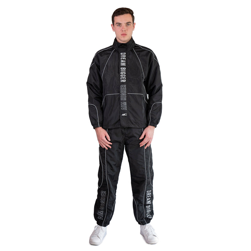 AKC Nightfall Black Windbreaker Jacket and Pants Set on Model - Front Full-Body Shot