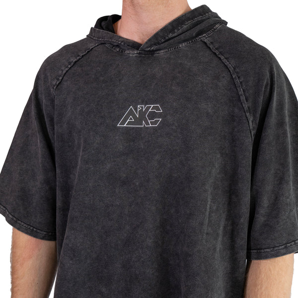 AKC Shadow Hooded Faded Black T-Shirt Worn by Model - Front Close-Up Shot