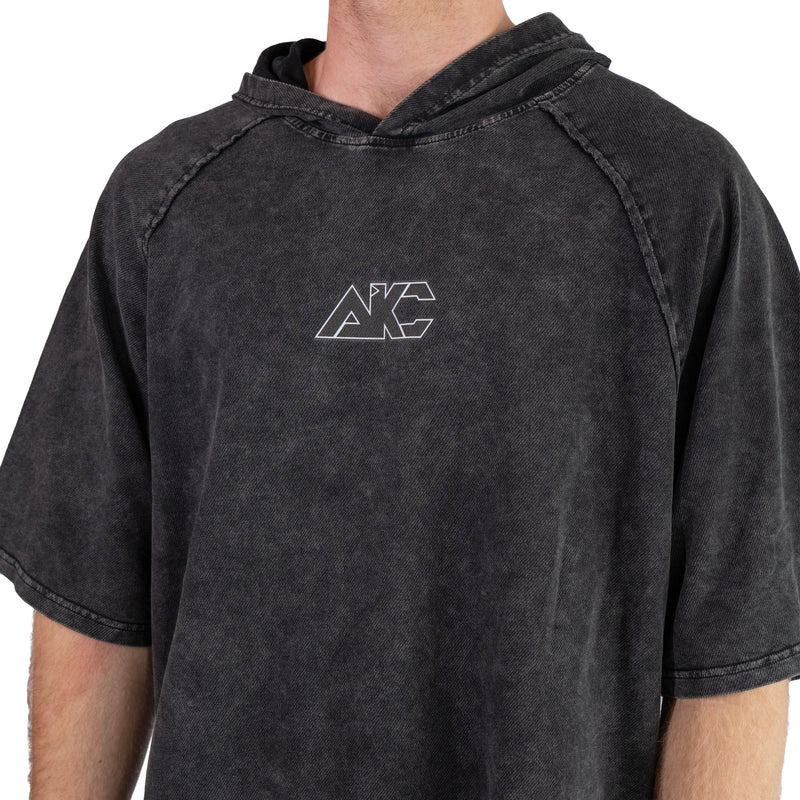 AKC Shadow Hooded Faded Black T-Shirt Worn by Model - Front Close-Up Shot