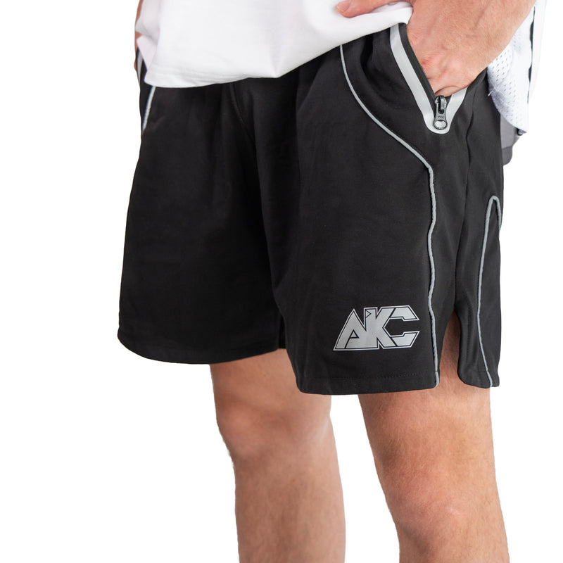 AKC Void Active Black Running Shorts Worn by Model - Right Front Close-Up Shot