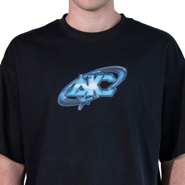 AKC Y2K Chrome Black Loose T-Shirt Worn by Model - Front Close-Up Shot