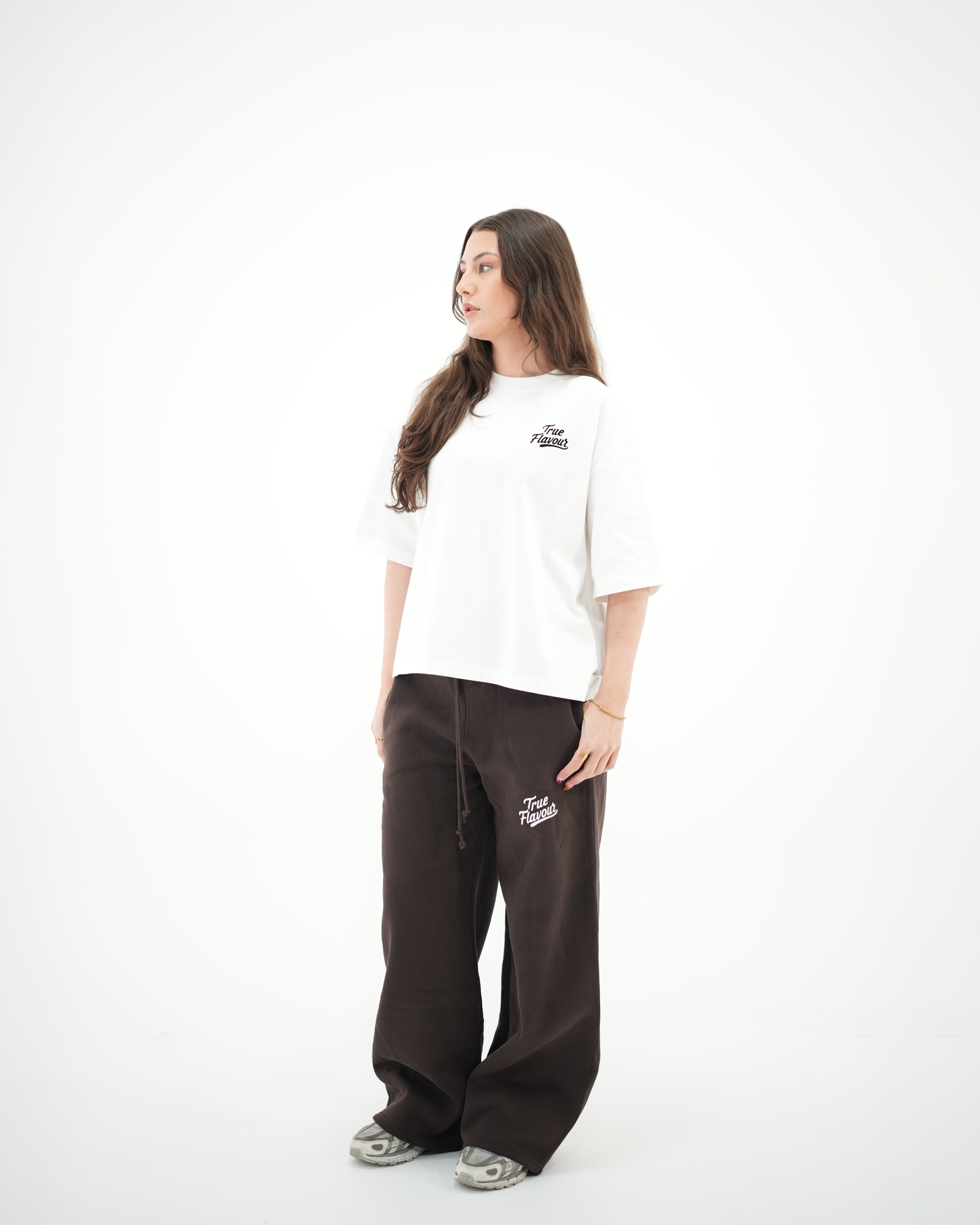 True Flavour Cropped Oversized Tee in white worn by model - Front (Full Body)