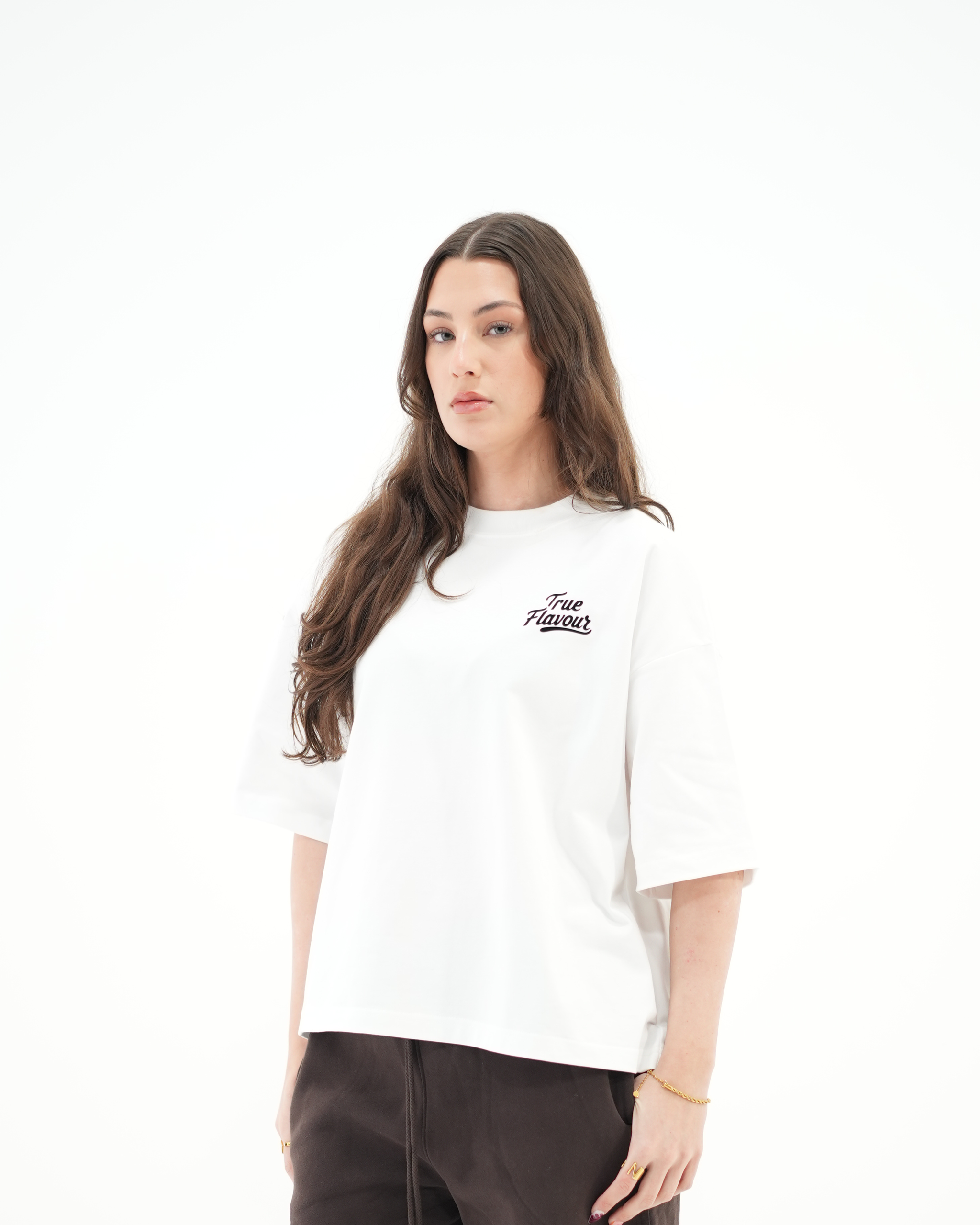 True Flavour Cropped Oversized Tee in white worn by model - Front (Main)